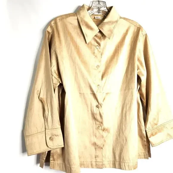 ios Metallic Gold 100% Silk Top Size M Button Up Long Sleeve Classic Elegant - Picture 11 of 11